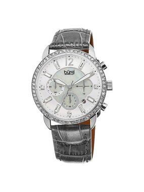 NWT Burgi Crystal Chronograph Grey Leather Mother of Pearl Dial Ladies Watch